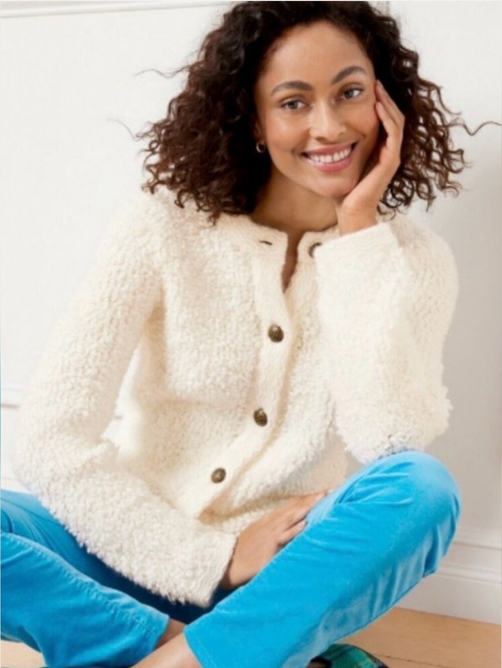 Talbots Ivory Textured Boucle Cardigan Coatigan Sweater Jacket Medium